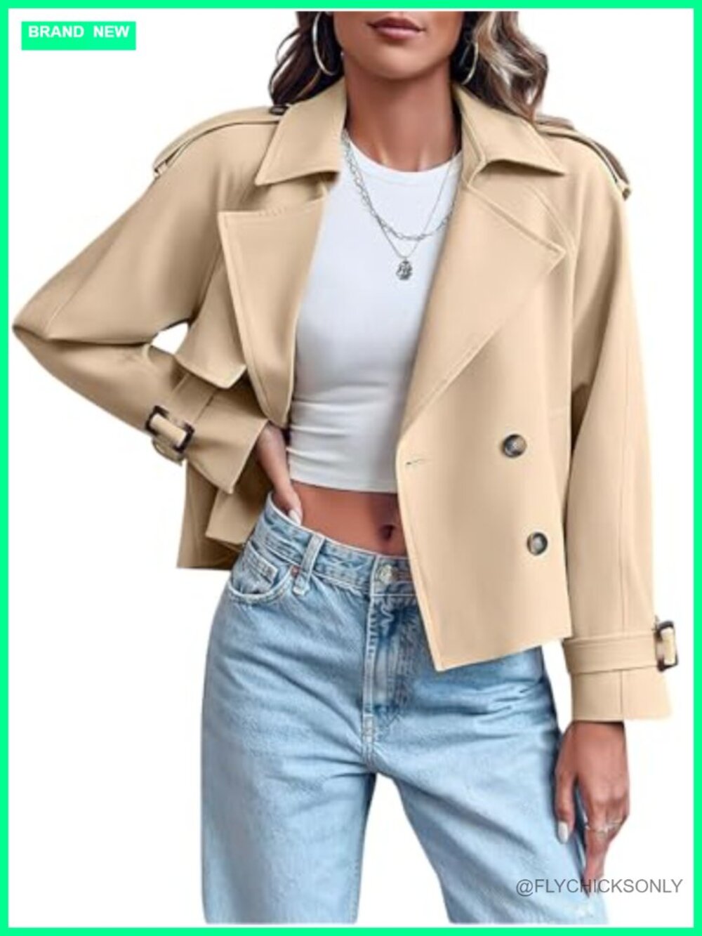 Women's Double Breasted Short Trench Coat Loose Cropped Jacket with Pockets